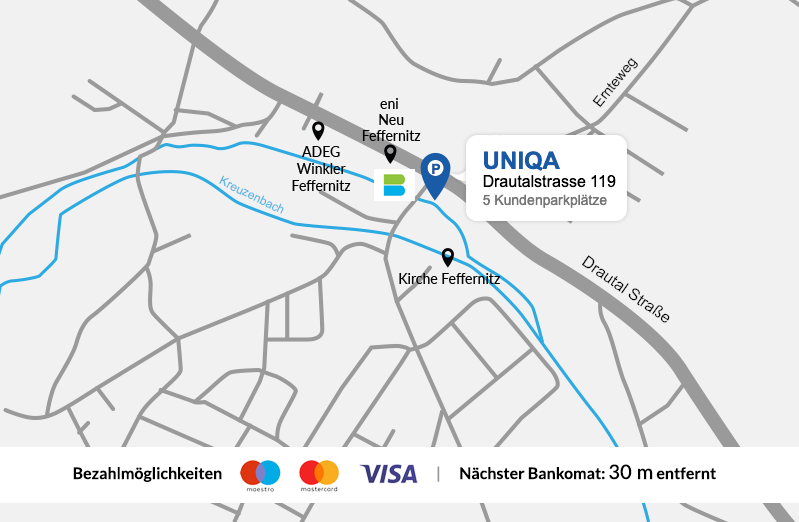 Eine Gezeichnete Karte vom Standort der UNIQA Generalagentur PULS..